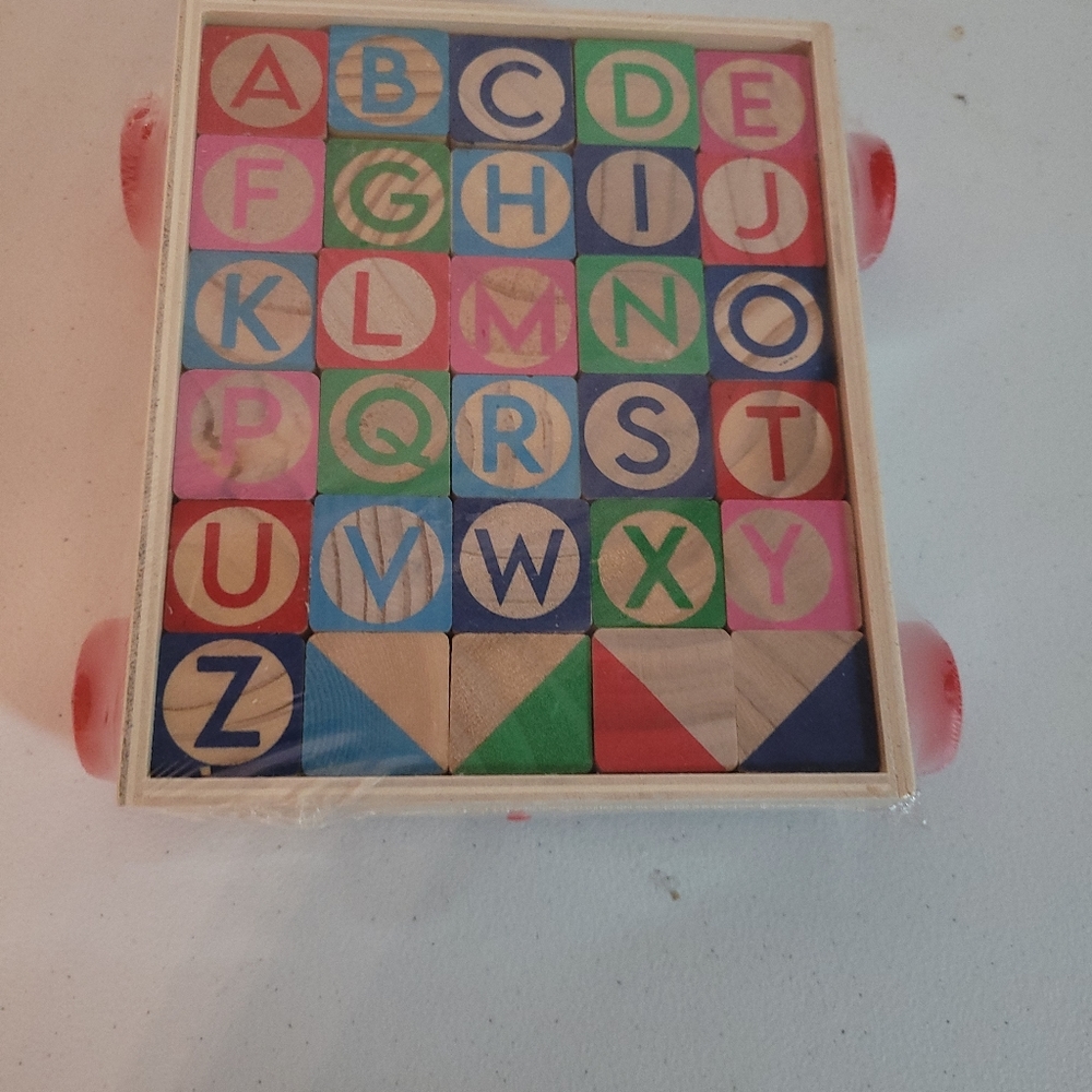 NEW pull toy with wooden alphabet and picture learning blocks